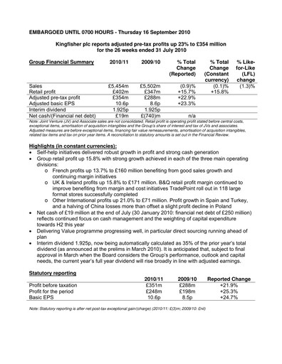 Thumbnail Kingfisher Half-year Report 2010-2011-h1