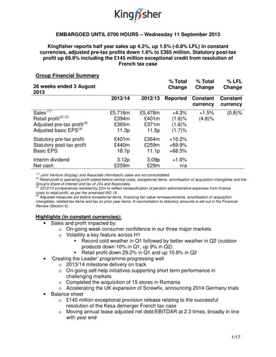 Thumbnail Kingfisher Half-year Report 2013-2014-h1