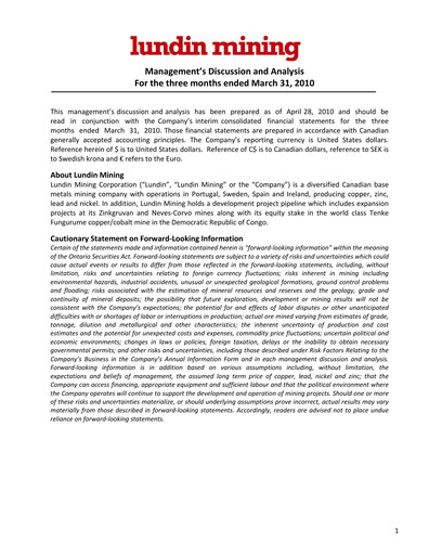 Thumbnail Lundin Mining
 Quarterly Report 2010-q1