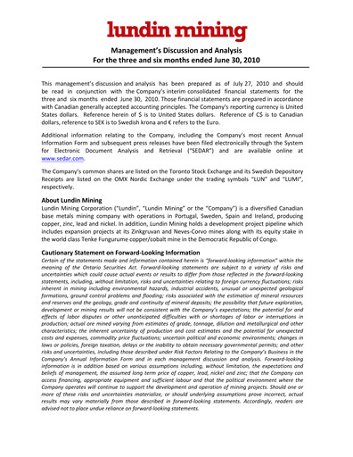 Thumbnail Lundin Mining
 Quarterly Report 2010-q2