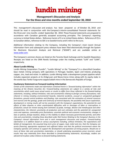 Thumbnail Lundin Mining
 Quarterly Report 2010-q3