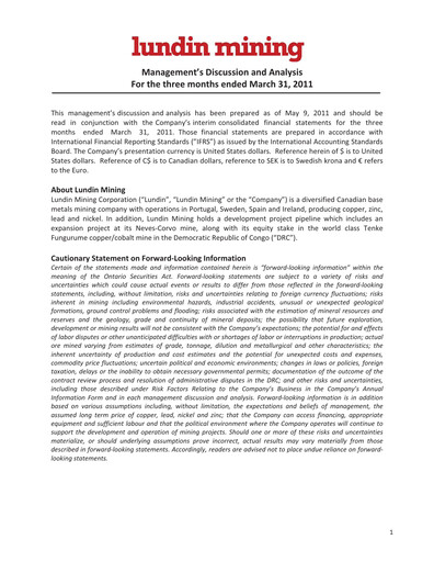 Thumbnail Lundin Mining
 Quarterly Report 2011-q1