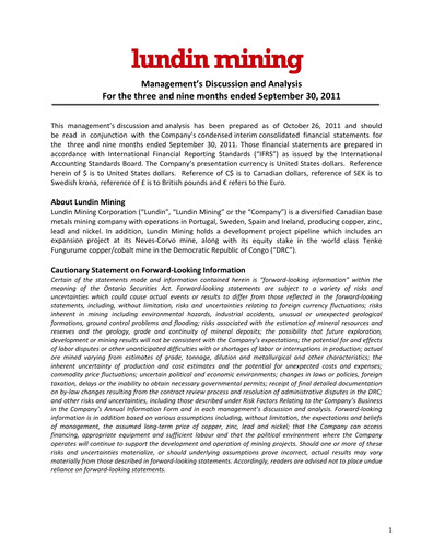 Thumbnail Lundin Mining
 Quarterly Report 2011-q3