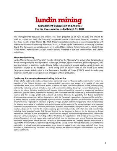 Thumbnail Lundin Mining
 Quarterly Report 2012-q1