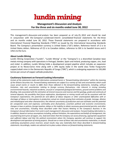 Thumbnail Lundin Mining
 Quarterly Report 2012-q2