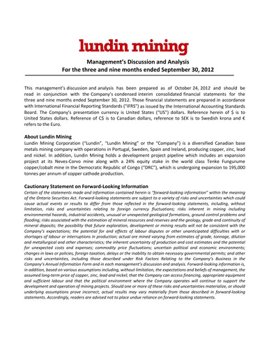 Thumbnail Lundin Mining
 Quarterly Report 2012-q3