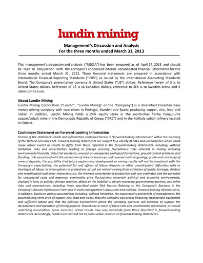 Thumbnail Lundin Mining
 Quarterly Report 2013-q1