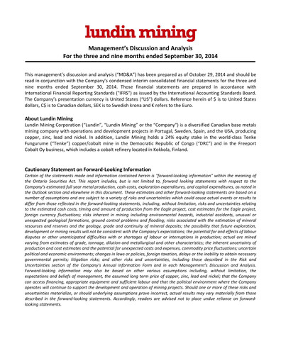 Thumbnail Lundin Mining
 Quarterly Report 2014-q3