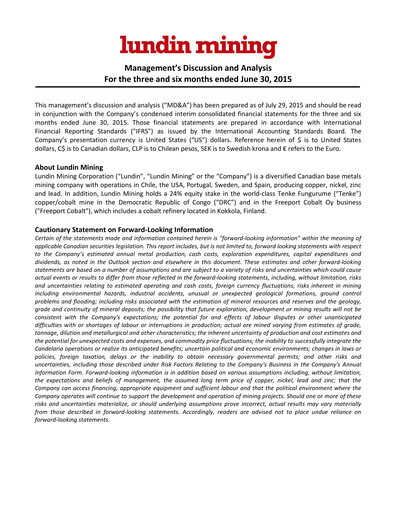 Thumbnail Lundin Mining
 Quarterly Report 2015-q2