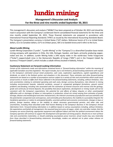 Thumbnail Lundin Mining
 Quarterly Report 2015-q3