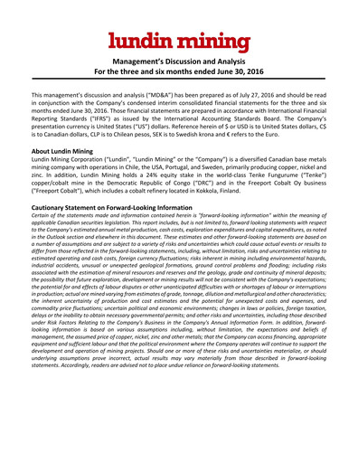 Thumbnail Lundin Mining
 Quarterly Report 2016-q2