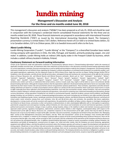 Thumbnail Lundin Mining
 Quarterly Report 2018-q2