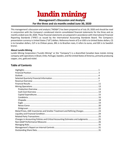 Thumbnail Lundin Mining
 Quarterly Report 2020-q2