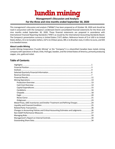 Thumbnail Lundin Mining
 Quarterly Report 2020-q3