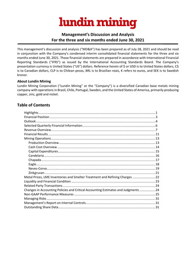 Thumbnail Lundin Mining
 Quarterly Report 2021-q2