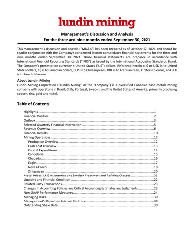 Thumbnail Lundin Mining
 Quarterly Report 2021-q3