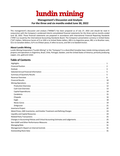 Thumbnail Lundin Mining
 Quarterly Report 2022-q2