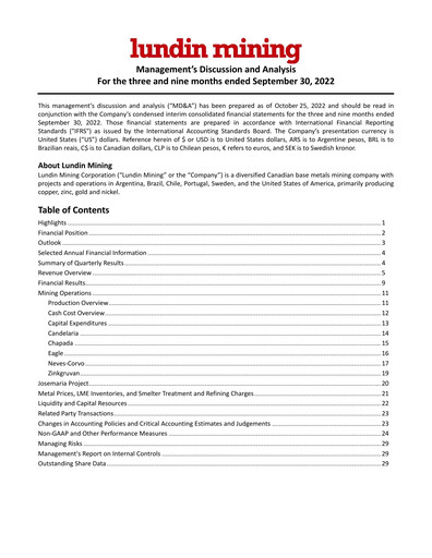 Thumbnail Lundin Mining
 Quarterly Report 2022-q3