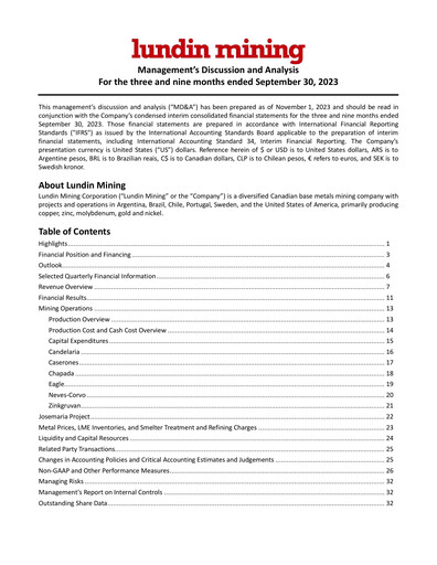 Thumbnail Lundin Mining
 Quarterly Report 2023-q3