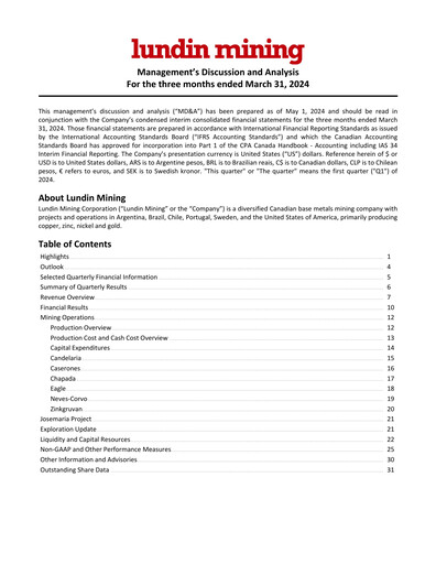 Thumbnail Lundin Mining
 Quarterly Report 2024-q1