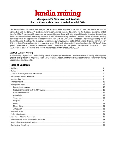 Thumbnail Lundin Mining
 Quarterly Report 2024-q2
