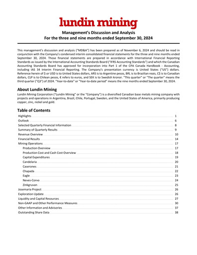 Thumbnail Lundin Mining
 Quarterly Report 2024-q3