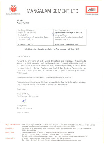 Thumbnail Mangalam Cement Quarterly Report 2022-q1
