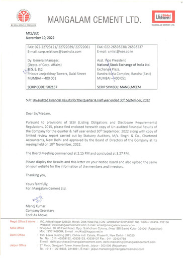 Thumbnail Mangalam Cement Quarterly Report 2022-q2