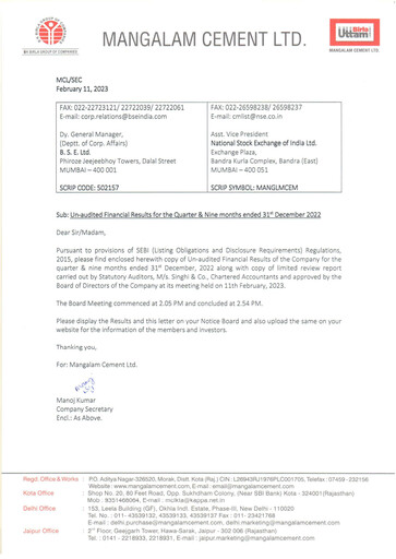 Thumbnail Mangalam Cement Quarterly Report 2022-q3