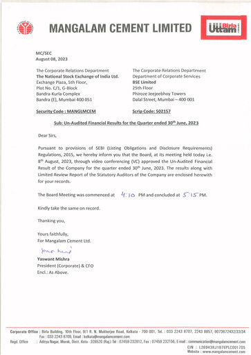 Thumbnail Mangalam Cement Quarterly Report 2023-q1