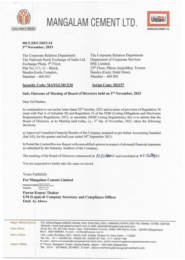 Thumbnail Mangalam Cement Quarterly Report 2023-q2
