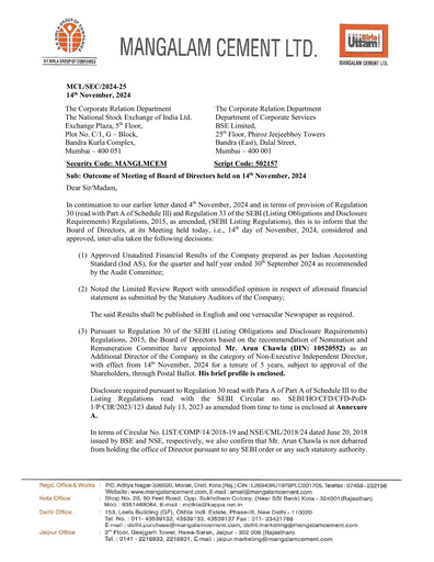 Thumbnail Mangalam Cement Quarterly Report 2024-q2