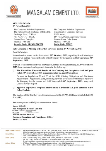 Thumbnail Mangalam Cement Quarterly Report 2025-q2