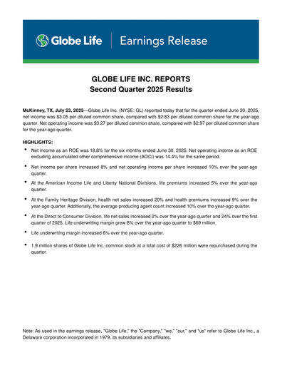 Thumbnail Globe Life
 Quarterly Report 2025-q2