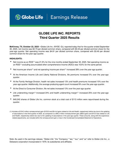Thumbnail Globe Life
 Quarterly Report 2025-q3