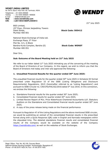 Thumbnail Wendt India
 Quarterly Report 2025-q1