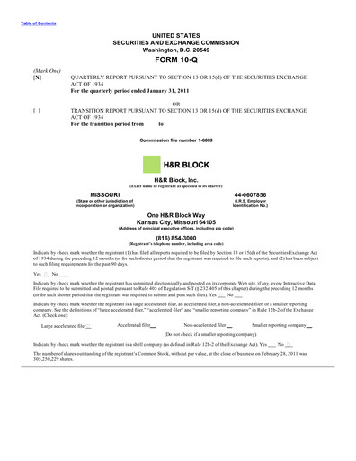 Thumbnail H&R Block
 Quarterly Report 2011-q3