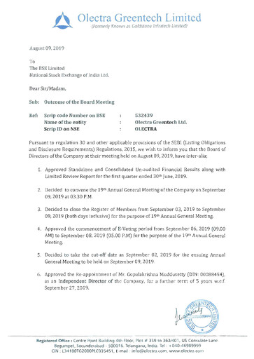 Miniature Olectra Greentech Rapport trimestriel 2019-q1