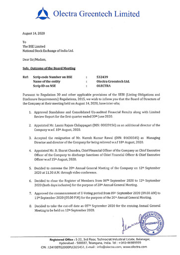 Miniature Olectra Greentech Rapport trimestriel 2020-q1