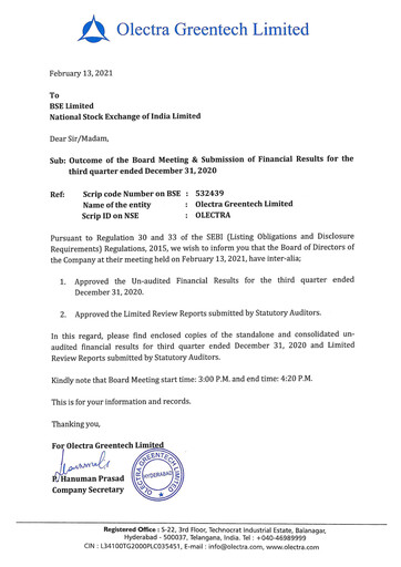 Miniature Olectra Greentech Rapport trimestriel 2020-q3
