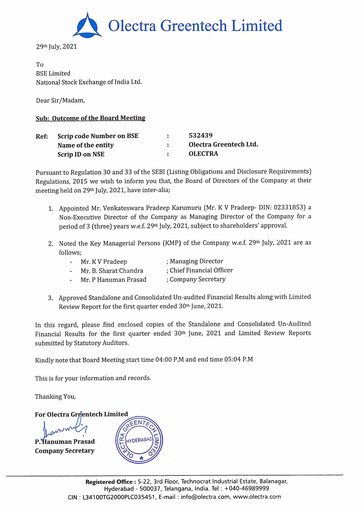 Miniature Olectra Greentech Rapport trimestriel 2021-q1