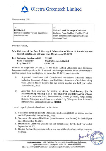Miniature Olectra Greentech Rapport trimestriel 2021-q2