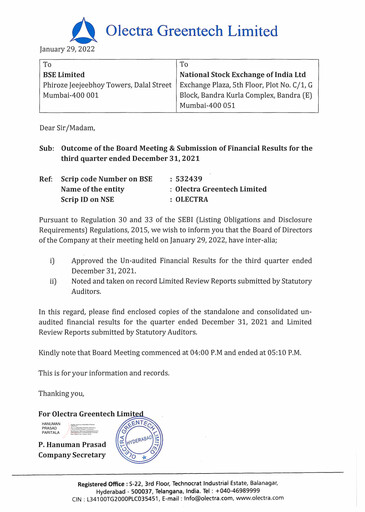 Miniature Olectra Greentech Rapport trimestriel 2021-q3