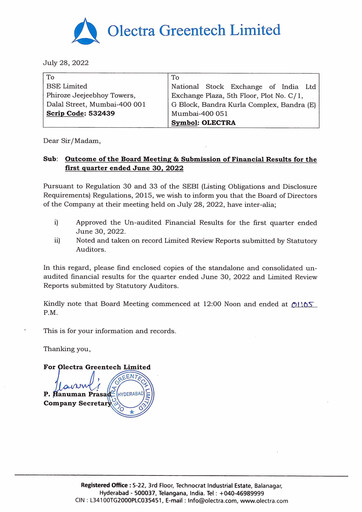 Thumbnail Olectra Greentech Quarterly Report 2022-q1