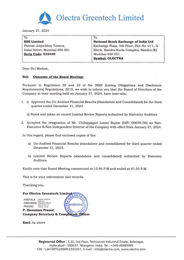 Miniature Olectra Greentech Rapport trimestriel 2023-q3