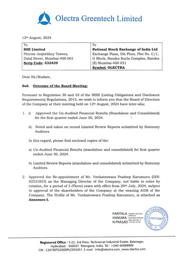 Miniature Olectra Greentech Rapport trimestriel 2024-q1