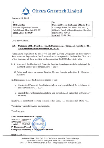 Miniature Olectra Greentech Rapport trimestriel 2024-q3