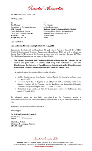 Thumbnail Oriental Aromatics
 Financial Statement 2021-2022