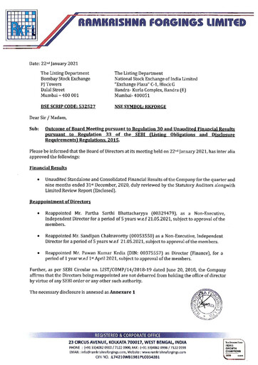 Miniature Ramkrishna Forgings Rapport trimestriel 2020-q3