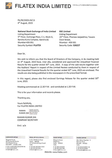 Miniature Filatex India
 Rapport trimestriel 2024-q1